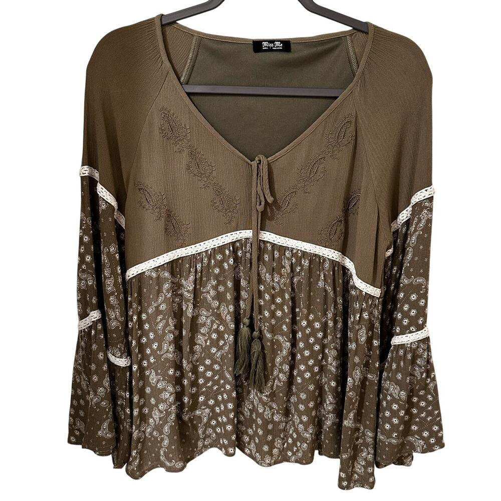 Miss Me Olive Flowy Paisley Crochet Lace Embroidered Bell Sleeve Boho Blouse, S